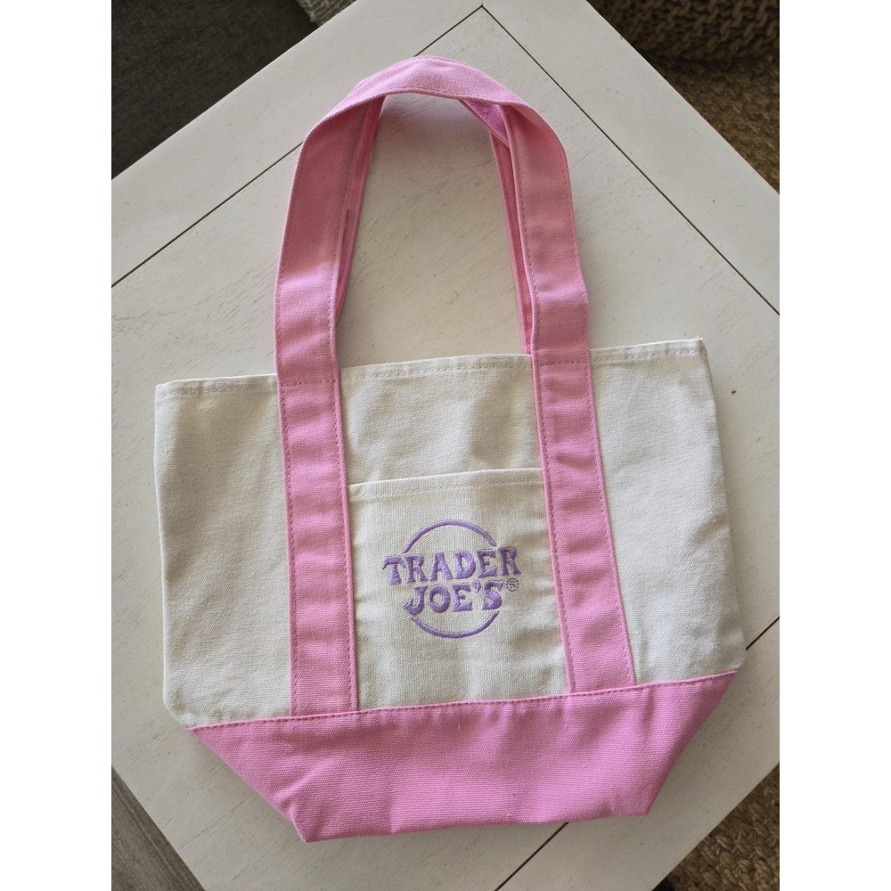 Trader Joe's Mini Pink Pastel Canvas Tote Bag NWOT Purple Letters